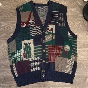 VTG 90s Cypress Links Red Green Blue Patchwork Golf Sweater Vest XL Preppy Retro